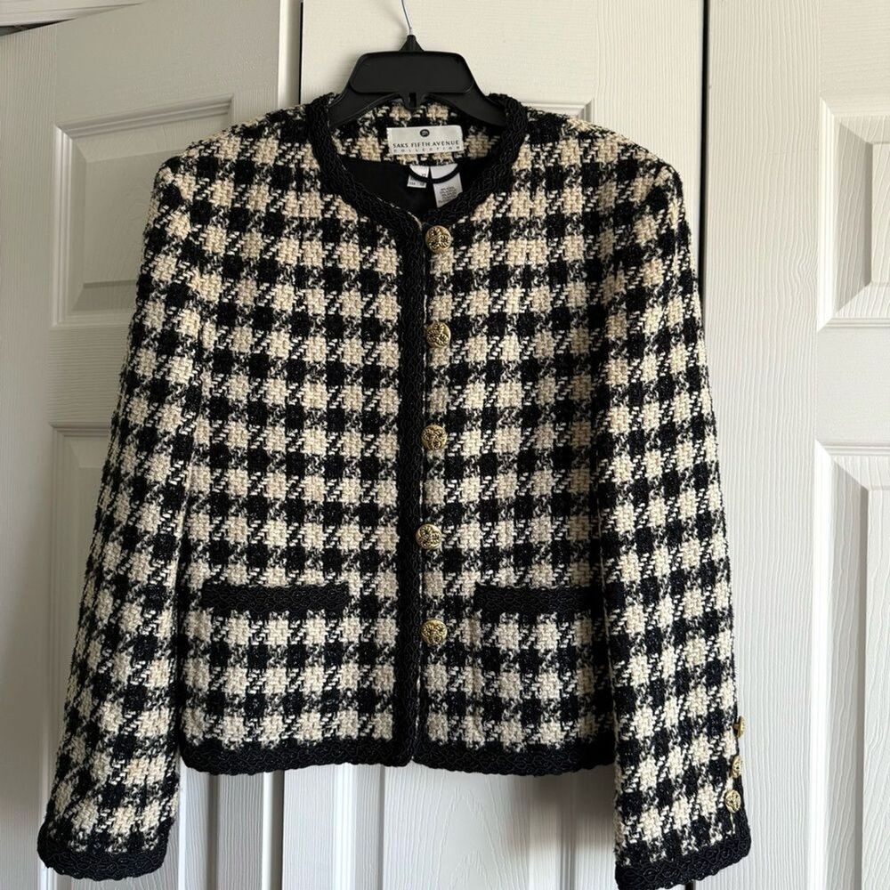 Saks Fifth Avenue Collection Houndstooth Check Tweed Jacket Blazer Wool Blend